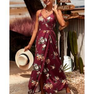 Inin Maxi Dress Womens L Large Purple Floral V Neck Spaghetti Strap Slit Casual